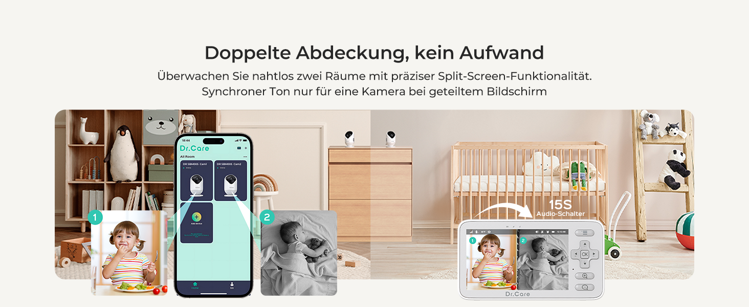 Відеоняня Dr.Care VistaView Lite WLAN з App-керуванням, Full HD 1080P камера, розділений екран 720P, датчик руху та ІК-нічний зір (монітор 4