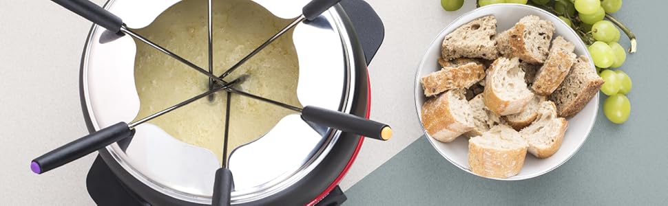 Електричний фондю-набір H.Koenig ALP1800 з нержавіючої сталі, 2L, 6 виделок, для шоколаду та сиру, антипригарне покриття, кришка від бризок