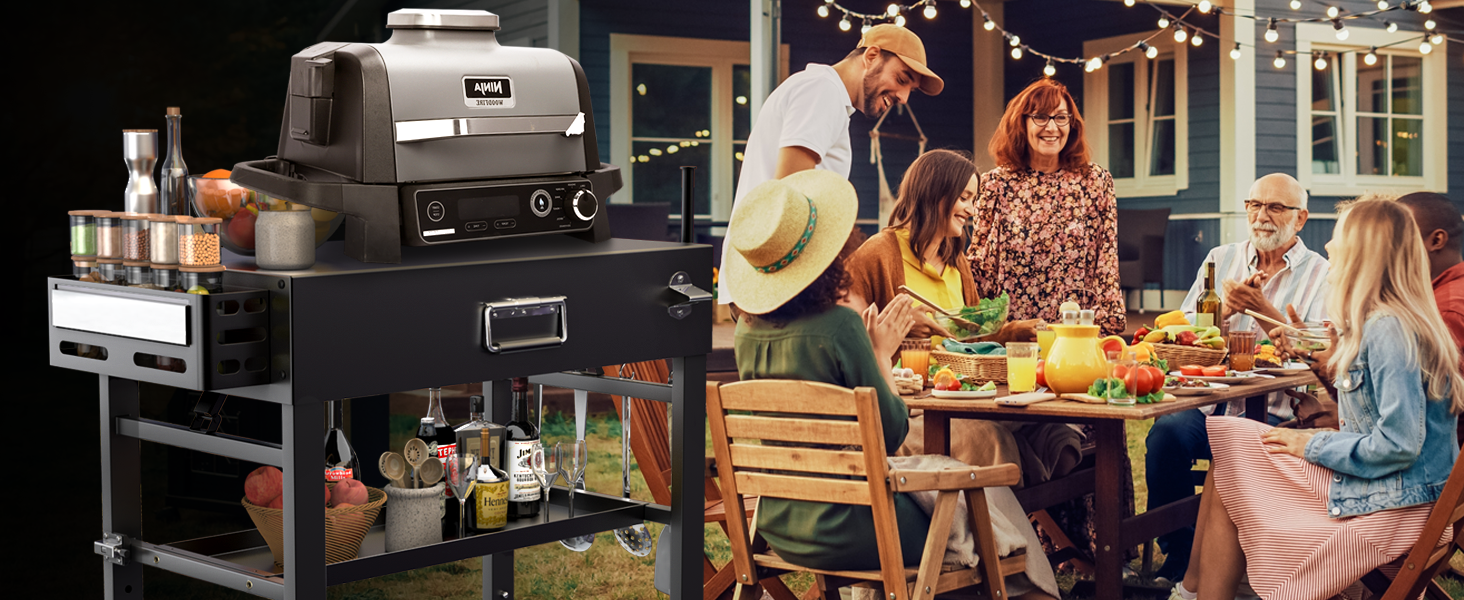 Мобільний гриль-візок для Ninja Woodfire, Weber, Blackstone, Nexgrill, Traeger та інших грилів, візок для гриля з колесами та тримачем для паперових рушників (86 см)