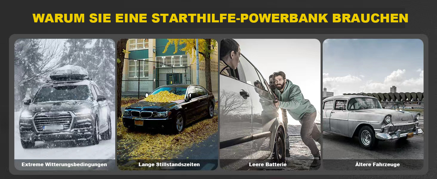 Powerbank Starthilfe 4000A: Зарядний пристрій для автомобіля, SUV та мотоцикла з LED ліхтариком. Підходить для бензинових двигунів до 9.0L та дизельних до 7.0L.