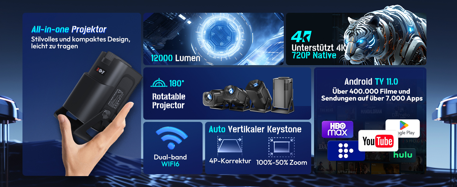 Портативний проєктор Xgody Gimbal 3: 12000 Люмен, Android 11.0, WiFi 6, Bluetooth, 720P HD (підтримка 4K), Автоматичне вирівнювання зображення, для домашнього кінотеатру (білий/чорний)
