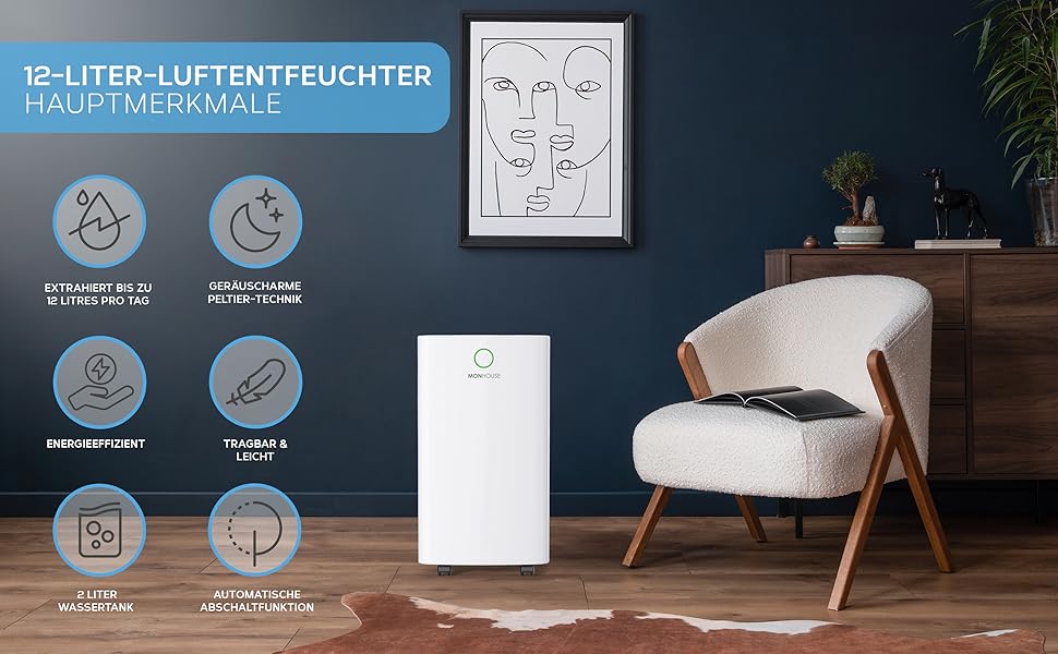 MONHOUSE Цифровий зволожувач повітря 12L з Wi-Fi - нічний режим, таймер 24 години для сушіння білизни, для спальні, підвалу, гаража та кухні - портативний електричний видалення вологи та плісняви, білий