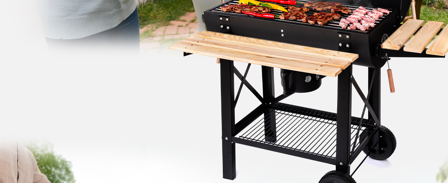 Дров'яний мангал Lehmann з решіткою-грилем XL, візком для дров, 2 полицями, кришкою, колесами та зручною ручкою. Ідеальний для саду, тераси, кемпінгу.