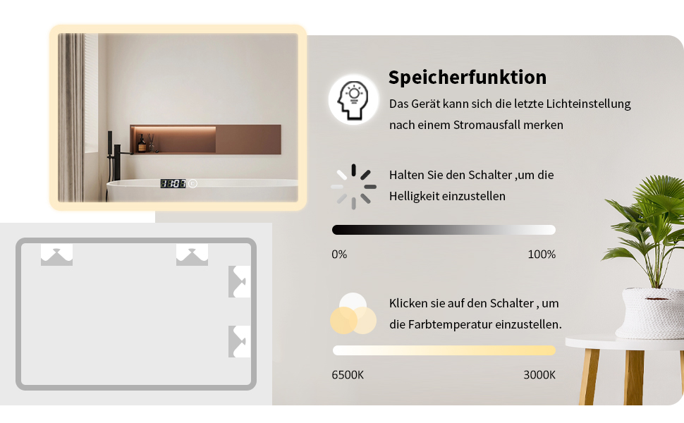 Дзеркало для ванної кімнати Badspiegel 50x70см з годинником та підсвічуванням 3 кольори, сенсорний вимикач, прямокутне, для ванної/вітальні (100x60x3.5см)