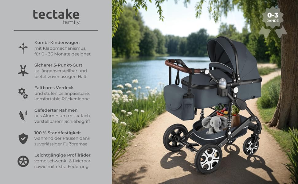 Дитяча коляска Tectake 2 в 1, розкладна, з люлькою, вагончиком, підстаканником, дощовиком, сірого кольору