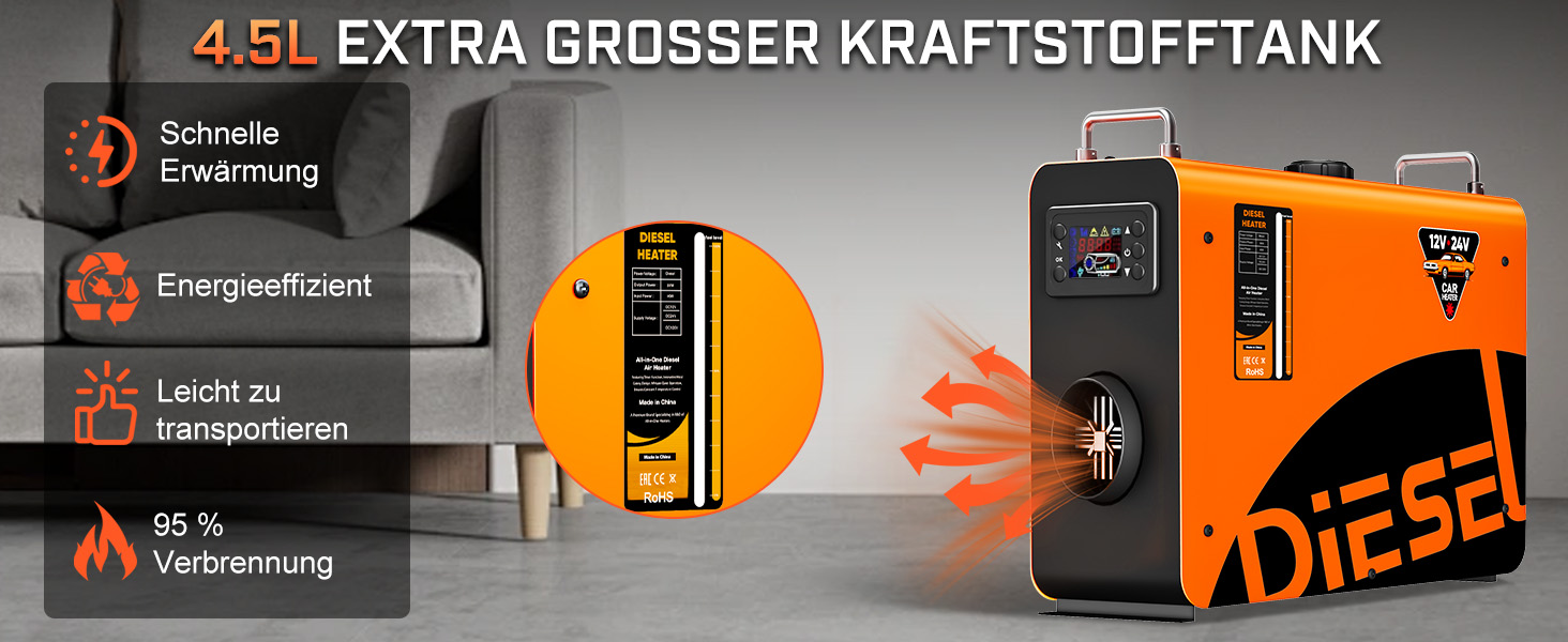 Дизельний опалювач LDHTHOPI 8 кВт, 12/24V з таймером, LCD-дисплеєм та пультом керування. Швидкий нагрів, 4.5L. Економія енергії для гаража, кемпінгу, автодому (Помаранчевий)