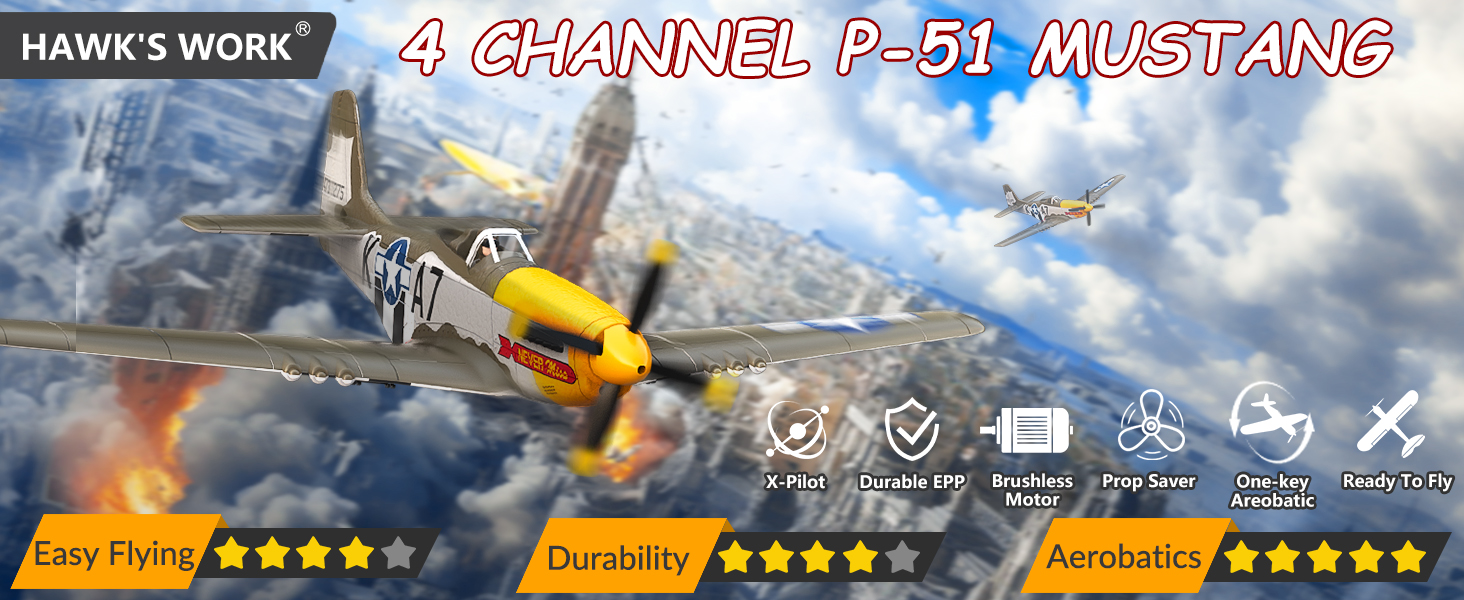 RC літак HAWK'S WORK P-51D Mustang 2.4GHz - Готовий до польоту, 6-осьовий гіростабілізатор, для дітей та початківців (зелений, безщітковий)