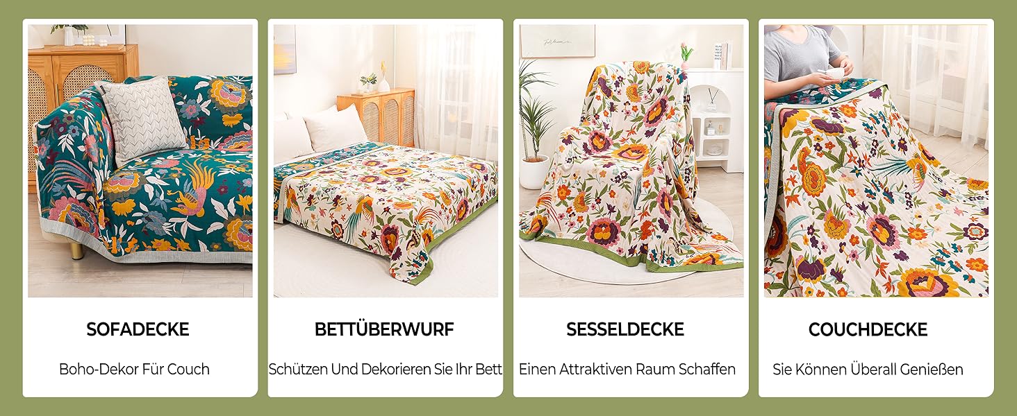 Плед Boho з 100% бавовни, стиль кантрі, 150x200 см, гранатовий колір. Плед на диван та ліжко з квітковим візерунком (квіти, птахи)