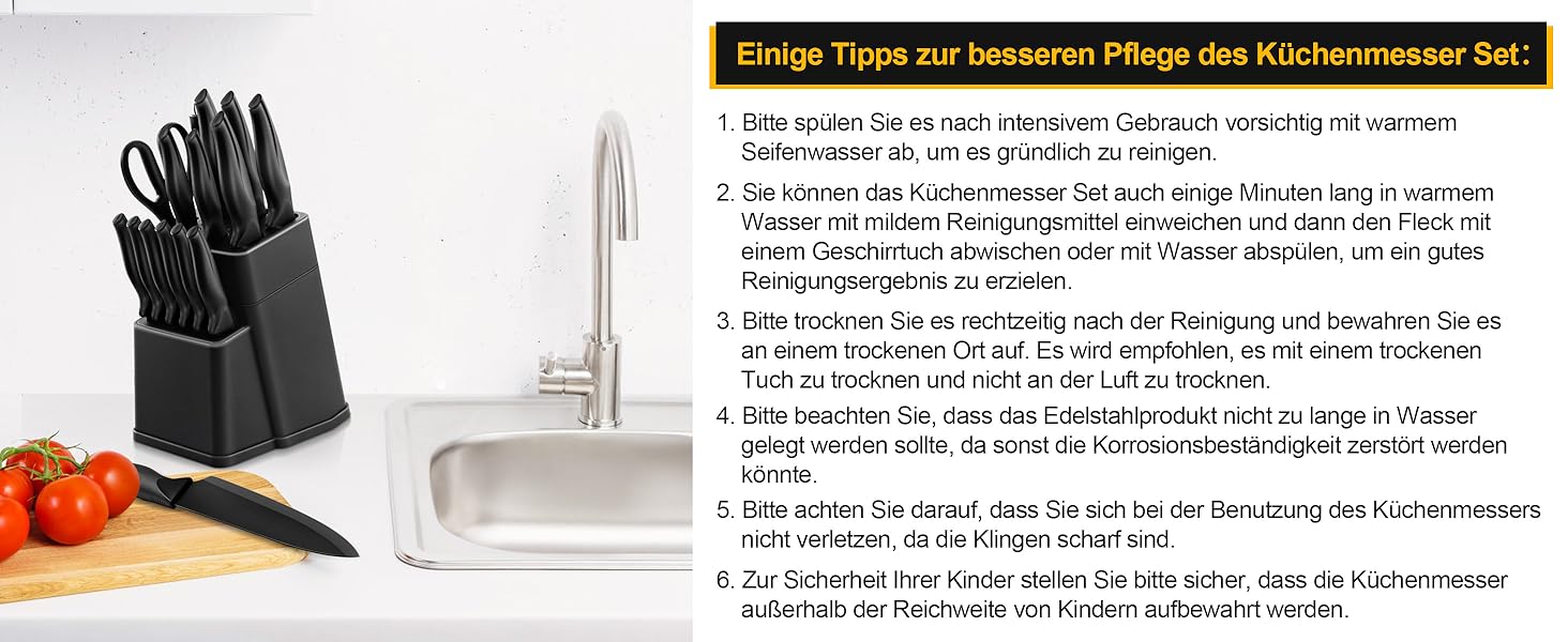 Набір кухонних ножів TEAMFAR 15 предметів з підставкою, нержавіюча сталь, з точильним каменем, антипригарне покриття, чорний