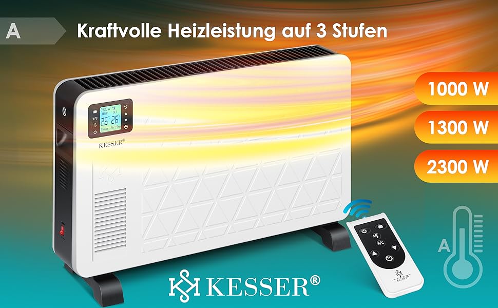 Конвектор KESSER Premium 3 потужні налаштування тепла з пультом дистанційного керування Вбудований термостат Електричний обігрівач Таймер РК-дисплея Мобільний обігрівач Енергозберігаючий захист від перегріву (білий)