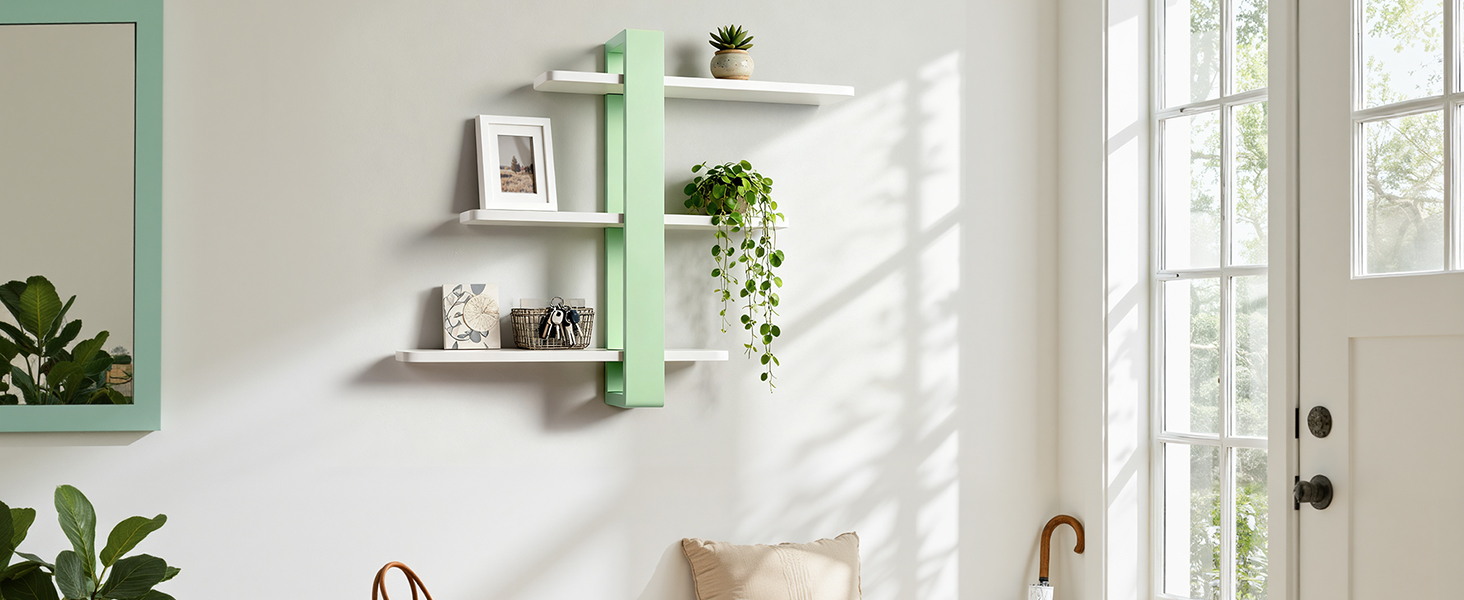 Полиця настінна дерев'яна SUMGAR Wandregal, плаваюча, 3-ярусна, 50x58 см, м'ятно-біла, для вітальні, спальні