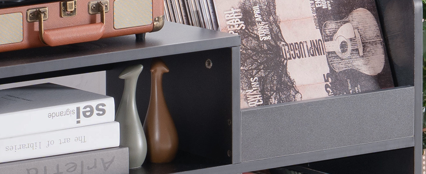 Стіл для програвача, стійка для вінілових програвачів середини століття з місцем для зберігання до 350+ платівок, шафа для вінілових платівок з регульованими полицями (високоякісний чорний)