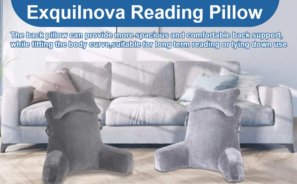 Лежак для читання в ліжко, 90 x 80 см (ДxВ) XXL подушка для спини, диван для дорослих з підлокітниками та знімною подушкою для шиї, спинка для читання з кишенею для ліжка, дивану, підлоги та стільця, світло-сірий
