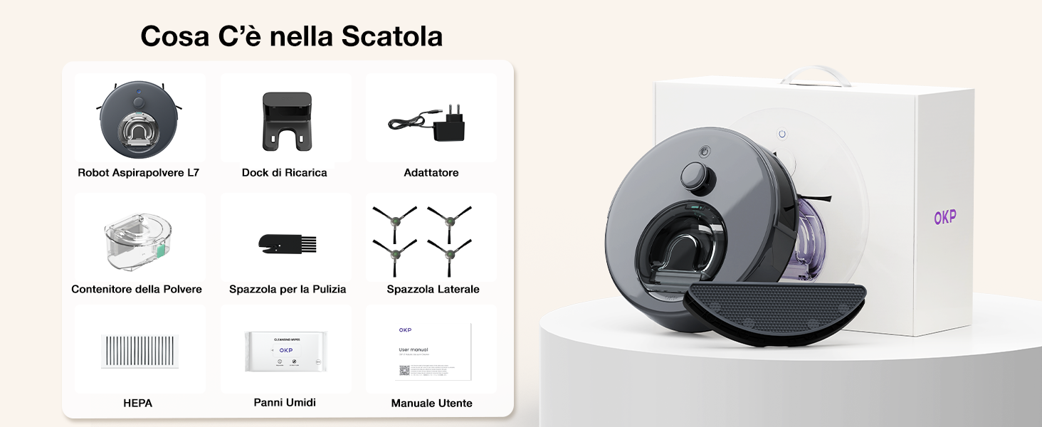 Робот-пилосос OKP L7G 3-в-1 з функцією миття, 6000Pa, LiDAR, 150 хв, WiFi, Alexa, для тварин, килимів, твердих підлог, сірий