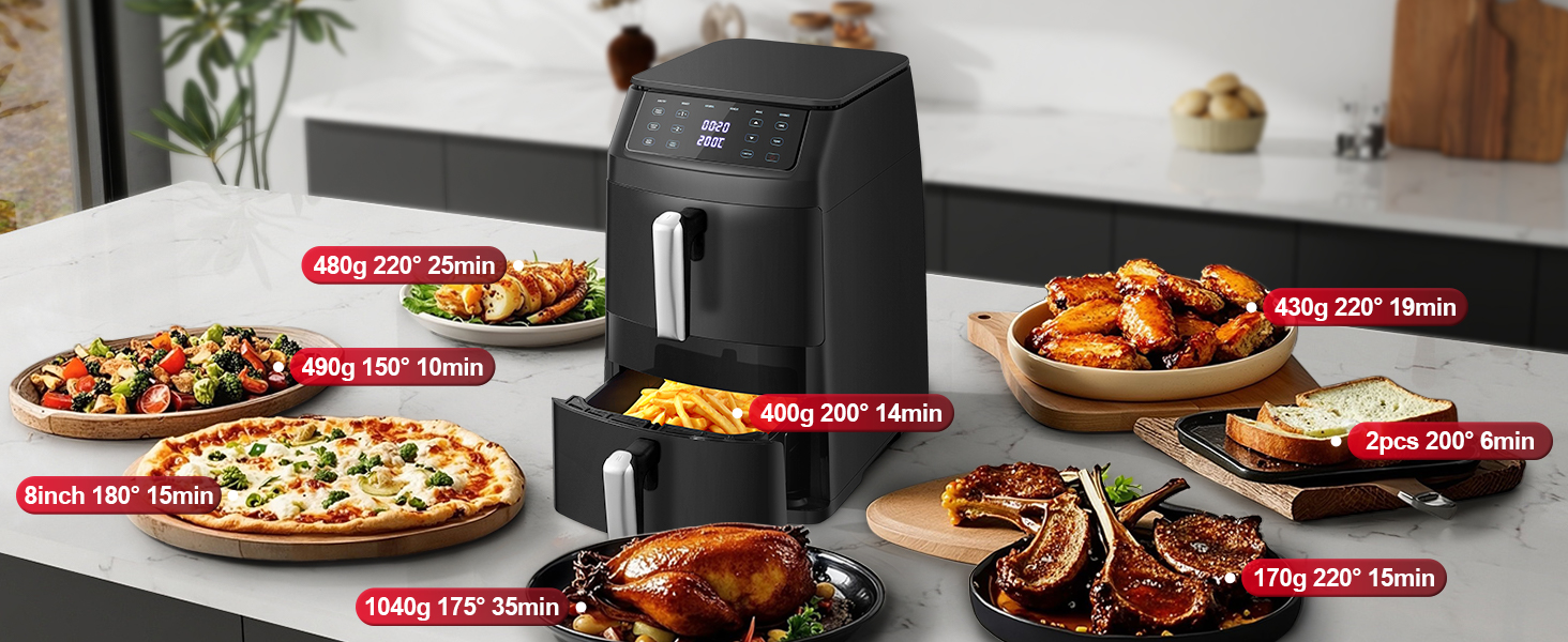 Аерофритюрниця TopStrong з двома камерами 11л, 2500W, вертикальна мультипіч з вікном, 6 функцій, чорна