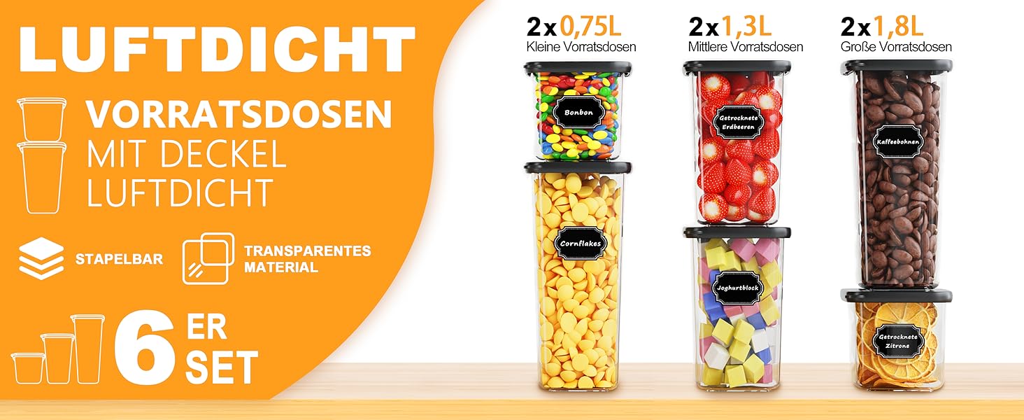 Герметичні контейнери для зберігання продуктів з кришкою, набір 6 шт (1.8л, чорний)