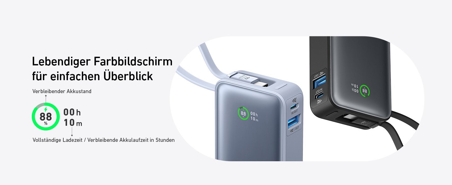 МАг із вбудованим кабелем USB-C, PD 30 Вт високої потужності з USB-C, USB-A, сумісний із iPhone 15/14 серією, MacBook, Galaxy, iPad, AirPods тощо (чорний), 10 000