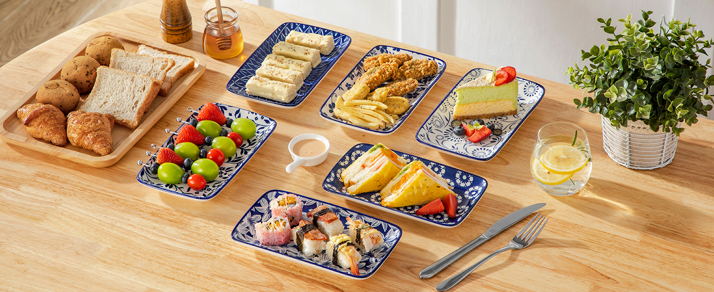 Набір тарілок Vancasso Selene 6 шт, прямокутні порцелянові тарілки для закусок, суші, десертів, фруктів, овочів 22x13 см