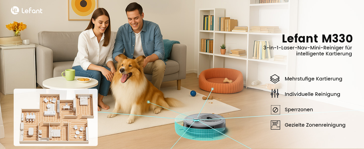 Робот-пилосос LEFANT M330 з функцією миття, 5000Pa, лазерна навігація, PSD-технологія, APP, 160 хв, для тварин, килимів, твердих підлог, сірий
