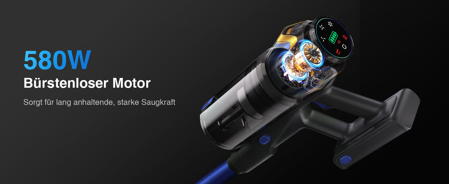 Бездротовий акумуляторний пилосос 45000 Па/550 Вт/65 хв, об'єм 1,6 л з дисплеєм, антизаплутана щітка, самостійна парковка, док-станція на стіні, 8-шарова фільтрація, тихий, для шерсті тварин/килимів/твердих поверхонь/автомобіля, блакитний