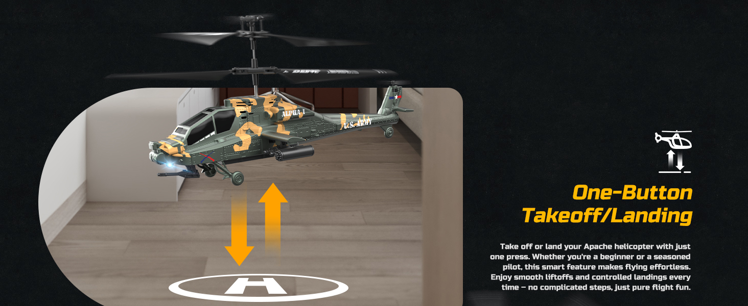 Радіокерований вертоліт DEERC Apache 2.4GHz, 2 акумулятори, 26 хв польоту, LED, стабілізація висоти, легкий старт, для приміщень, камуфляжний колір - ідеальний подарунок для хлопчиків
