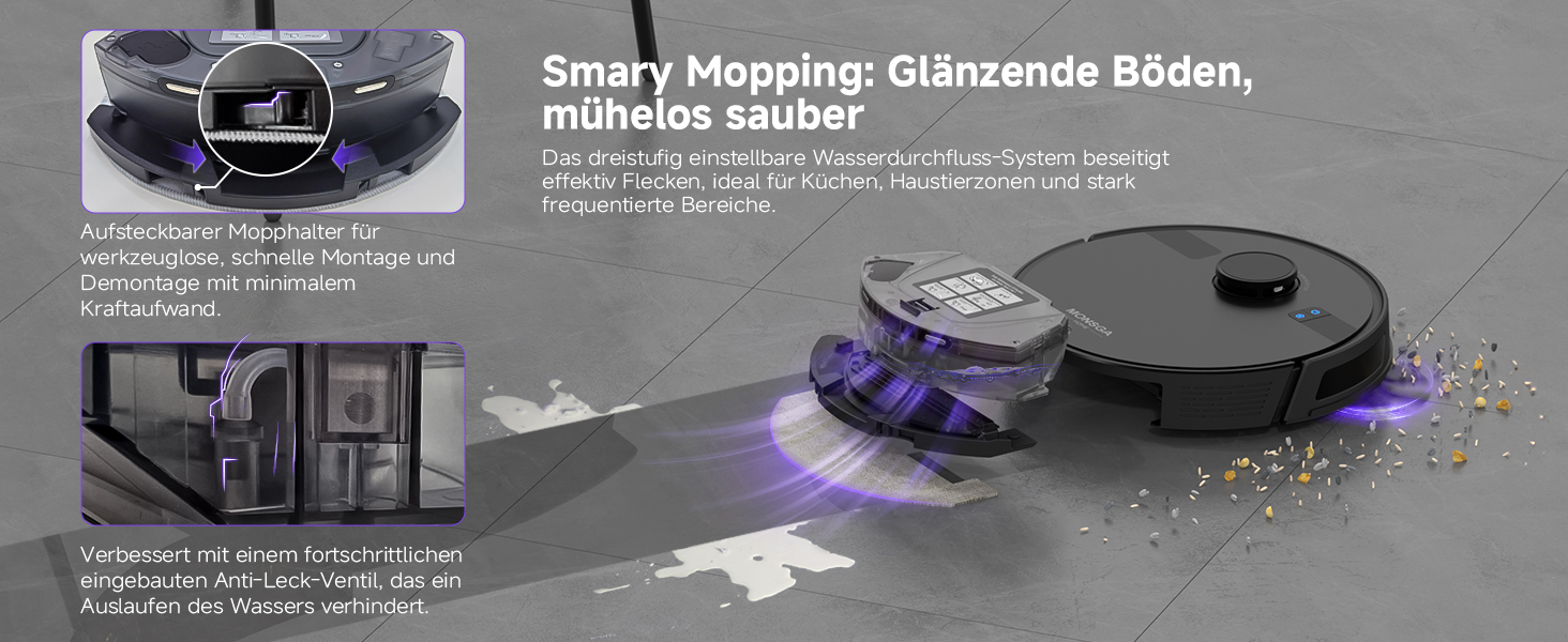 Робот-пилосос MONSGA з функцією миття, 3.5L, потужність всмоктування 5000Pa, час роботи 180 хв, навігація LiDAR, APP керування, чорний