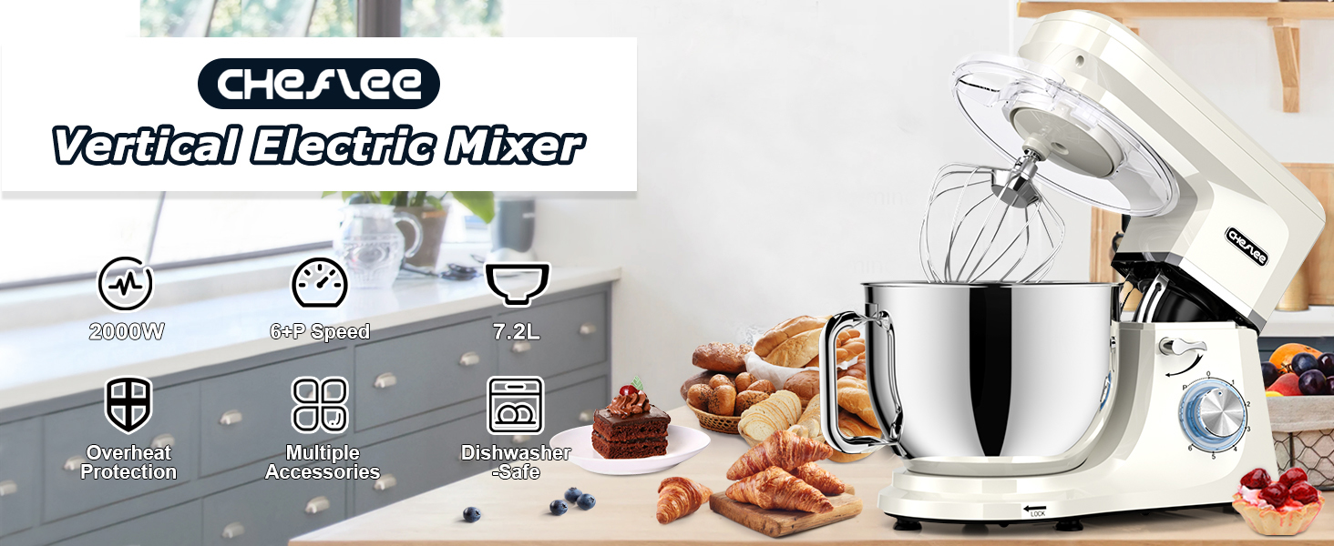 Кухонна машина Cheflee 2000W: потужна планетарна міксер для тіста та збивання, 6 швидкостей, 7.2 л чаша з нержавіючої сталі, гак для тіста та вінчик, захист від бризок (Cream White)