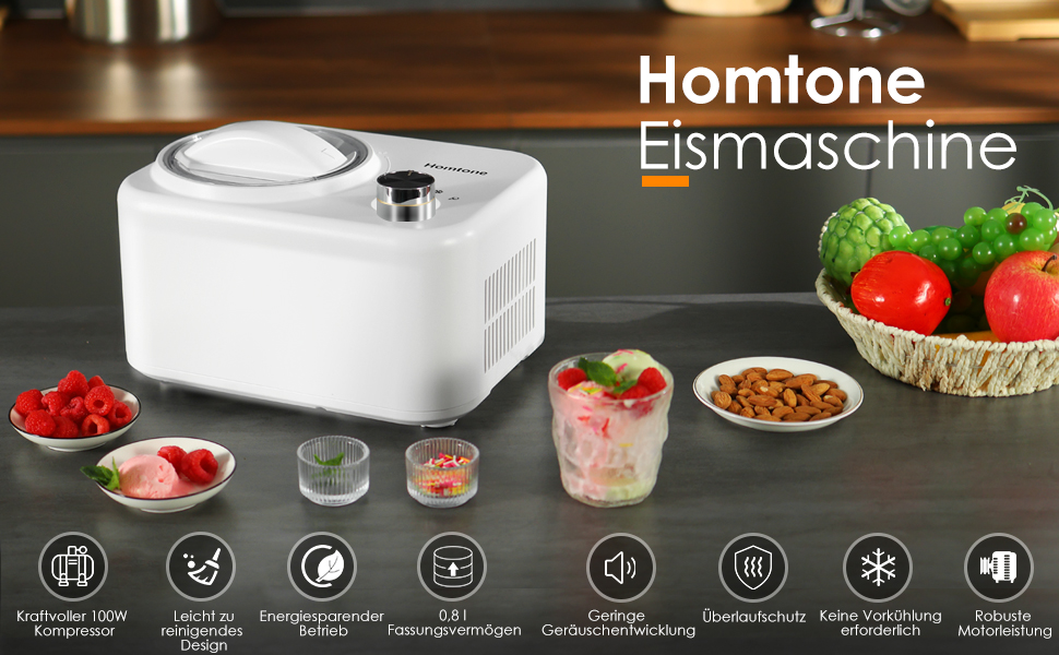 Морожениця Homtone з компресором, самохолодна, 0.8 л, 100 Вт, для домашнього використання, для морозива, м'якого морозива та фрозен-йогурту, з алюмінієвою чашею і рецептурником