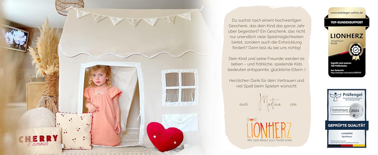 Дитячий будиночок LIONHERZ® DAS ORIGINAL з поштовою скринькою | Ігровий намет з килимком та гірляндою | Будиночок для дітей з 3 вікнами та щільним завісою | Намет для дитячої кімнати (кремово-білий)