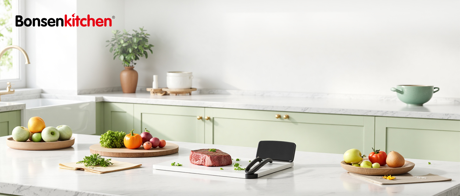 Вакууматор Bonsenkitchen для продуктів, потужний вакуумний пакувальник з 5 режимами, 8 л/хв, сріблястий (комплект: 5 пакетів та 1 рулон)