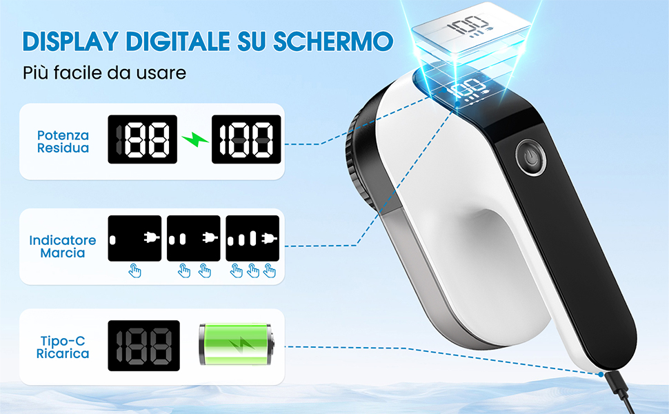 Електричний видалення ворсу Maxtachi: бездротовий пристрій для одягу з 3 швидкостями, 6-клинковий насадка, LED-дисплей, чорний