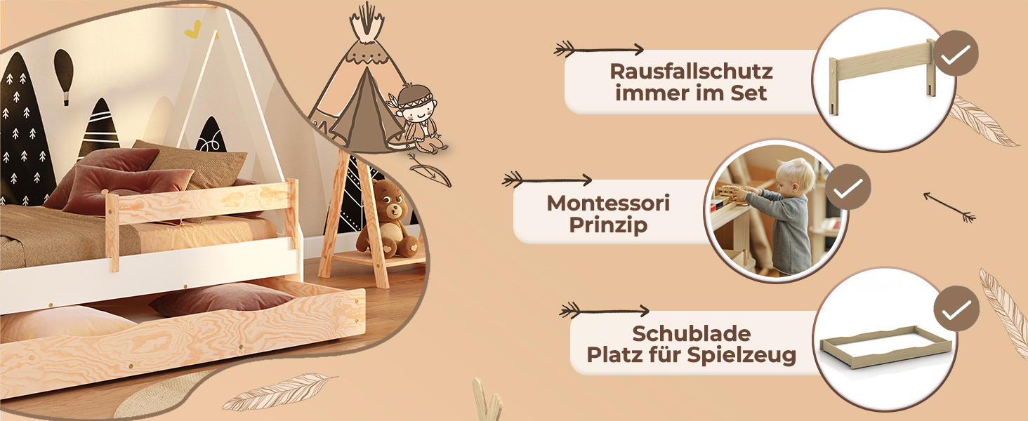 Дерев'яне ліжко-дитяча кімната Smartwood Hausbett Montessori Tipi F з сосни з сертифікатом FSC, захист від падіння, ламелі до 230 кг, для хлопчиків та дівчаток (80x160) з шухлядою