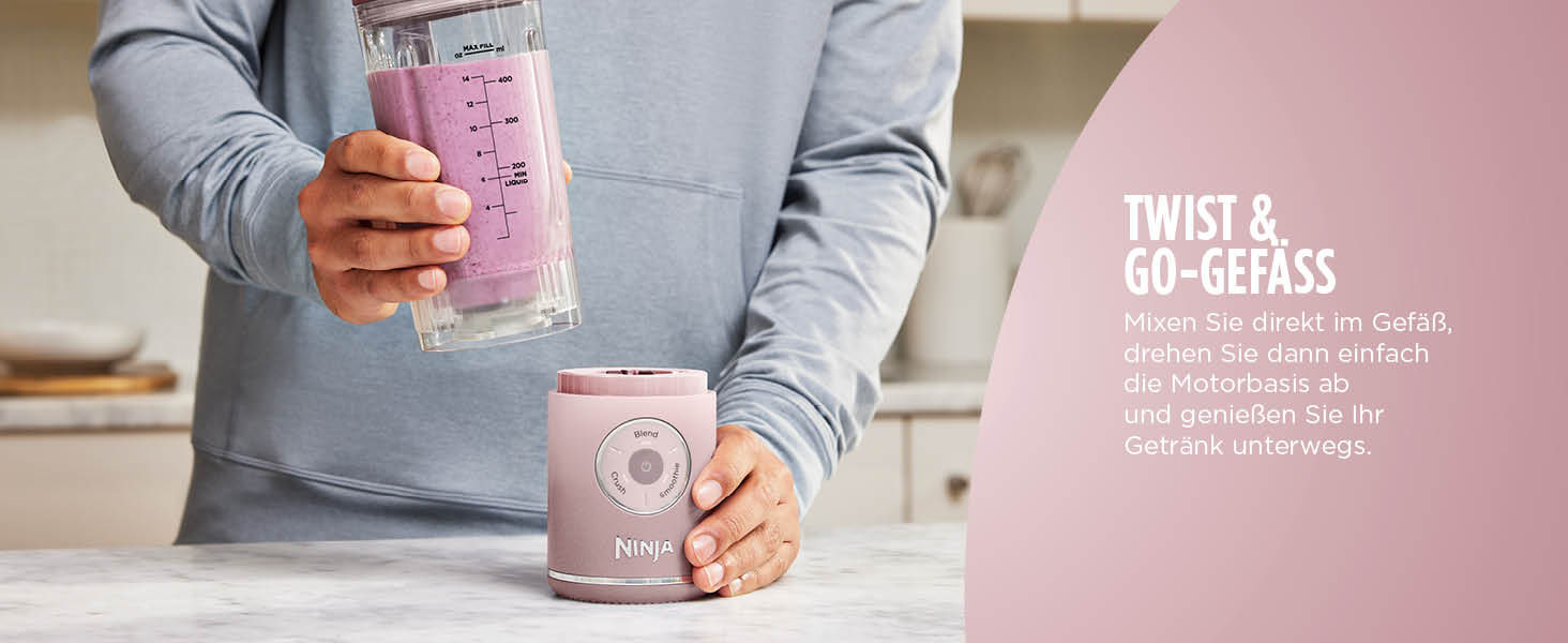 Портативний блендер Ninja Blast Max: 570 мл, акумулятор, чаша та кришка, 3 функції, для смузі та протеїнових коктейлів, рожевий (BC251EULD)