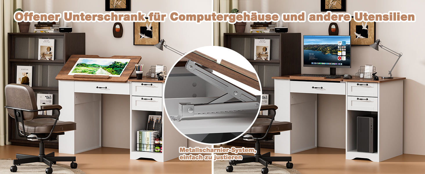 Регульований стіл для малювання AeasyG з 3 ящиками та 3-рівневими полицями, стійка конструкція з МДФ (50 кг вантажопідйомність) для художників та домашнього офісу, кут нахилу 0-80°, 60x120x76 см, білий