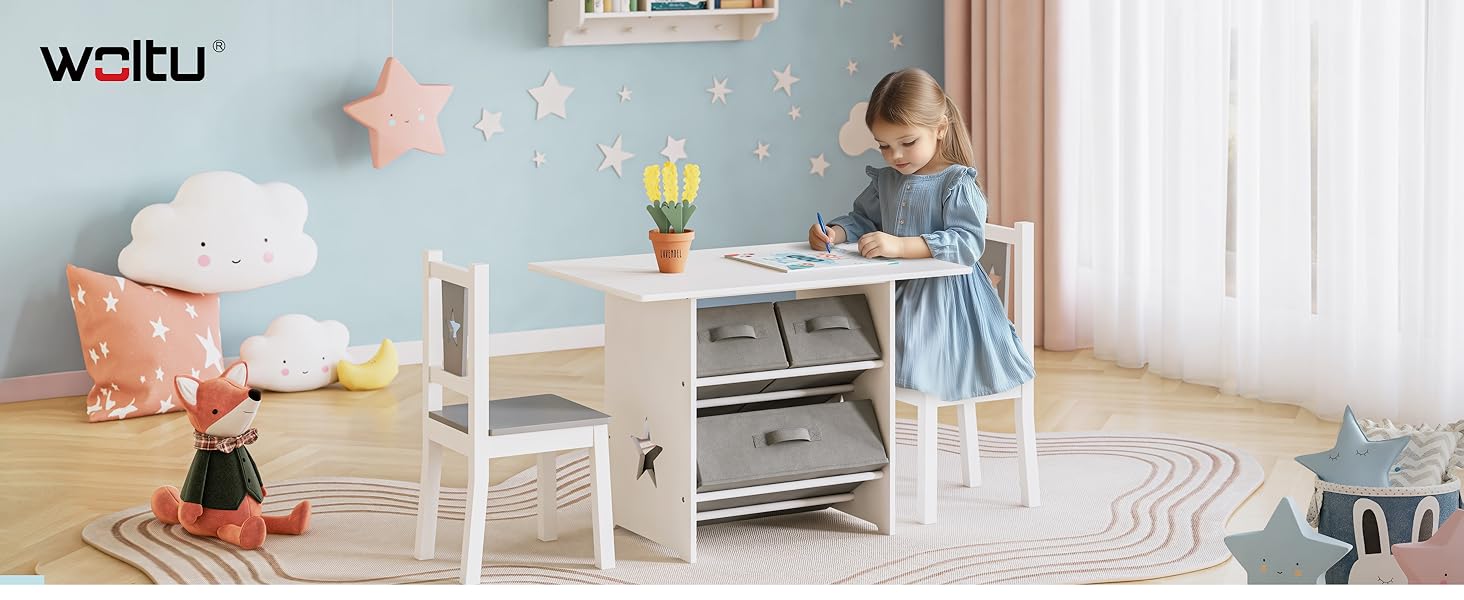 Дитячий набір меблів WOLTU: стіл та 2 стільці з ящиками для зберігання, дерев'яний, сіро-білий
