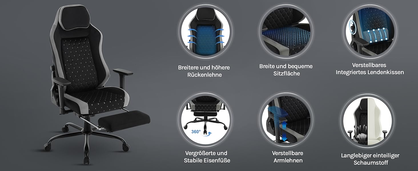 Ігровий крісло WOLTU, офісне крісло ергономічне, з інтегрованим м'яким наповнювачем, адаптивною підтримкою попереку, підніжкою, підлокітниками, оксамитовим покриттям, металевим каркасом, чорний + сірий, GS05szg Чорний+сірий Оксамит