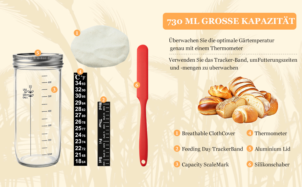 Набір для приготування закваски та випікання хліба 10 предметів: 2 кошики для бродіння (23см круглі, 25см овальні), 730мл банку для закваски, повний набір аксесуарів для випікання закваски для початківців