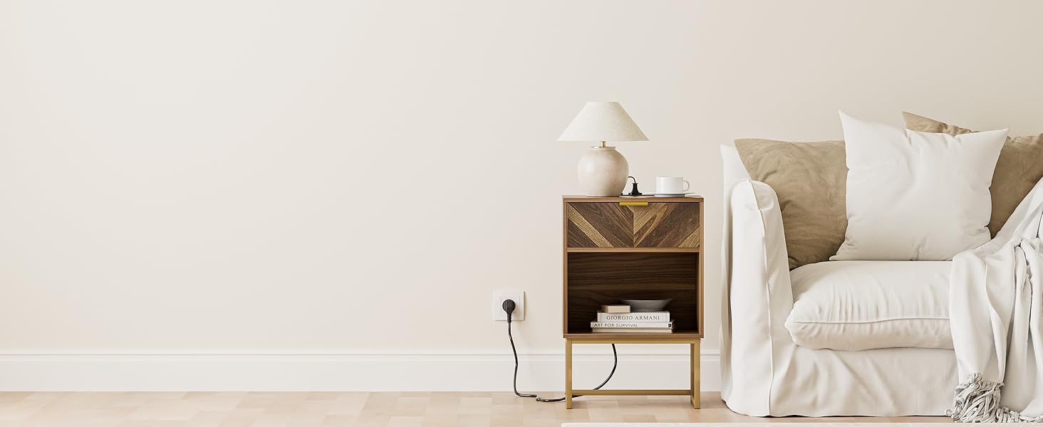 Приліжкові столики з відкритим відсіком, журнальний столик для спальні та вітальні (горіх) (30 x 40 x 60 см з розеткою, горіх)