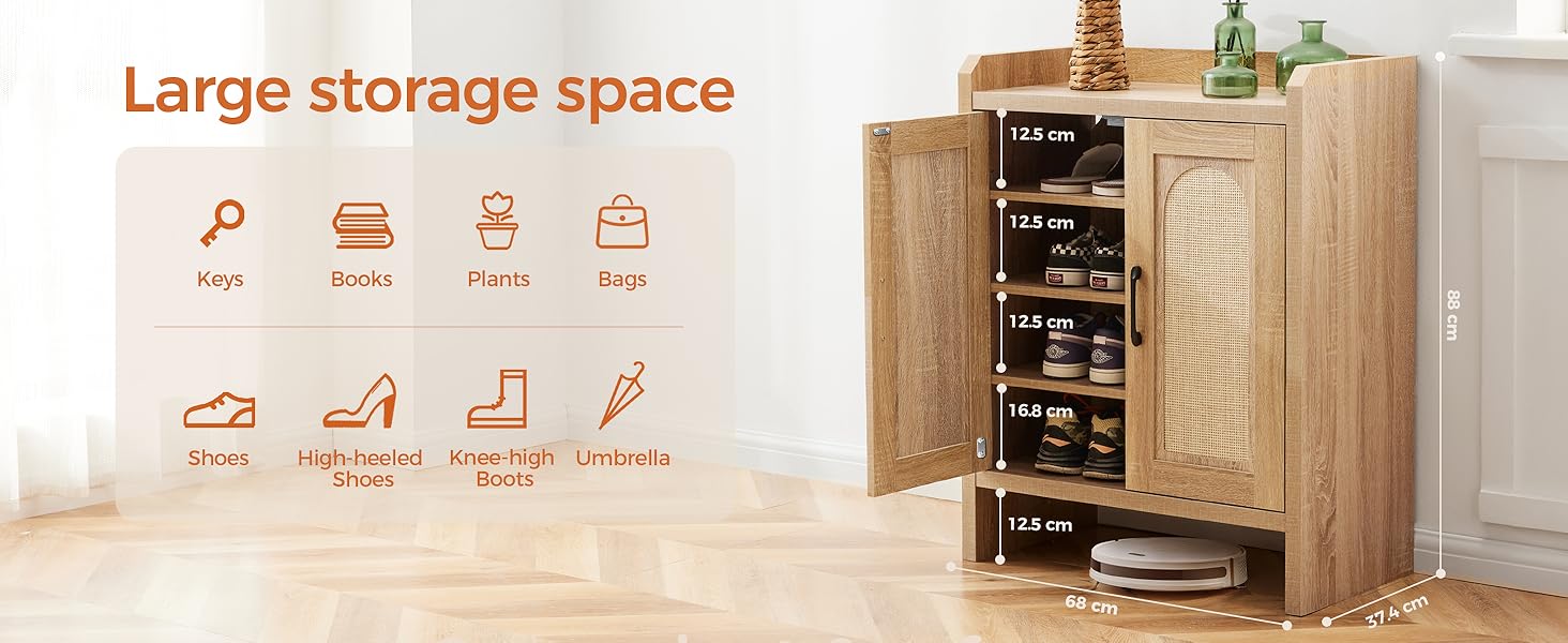 Шафа для взуття 5-ти ярусна у стилі Фармхаус з 2 дверцятами, самостійна шафа для взуття з регульованими полицями та металевими куточками для прихожого та коридору, білий (Ротен Браун, Коричневий)