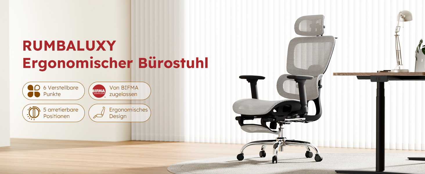 Ергономічне офісне крісло Voll-Mesh з підголівником, підставкою для ніг, регульованою спинкою, підлокітниками, саморегульованою поперековою підтримкою, PU-колесами, поворотним на 360°, навантаження до 150 кг, (Світло-сірий)