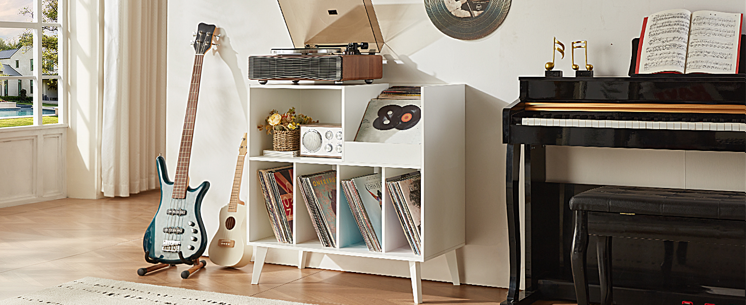 Стійка для платівок велика з полицями для зберігання, підставка для програвачів, вінілових платівок, місце для демонстрації, на 300 альбомів, для музичної кімнати та вітальні (біла)