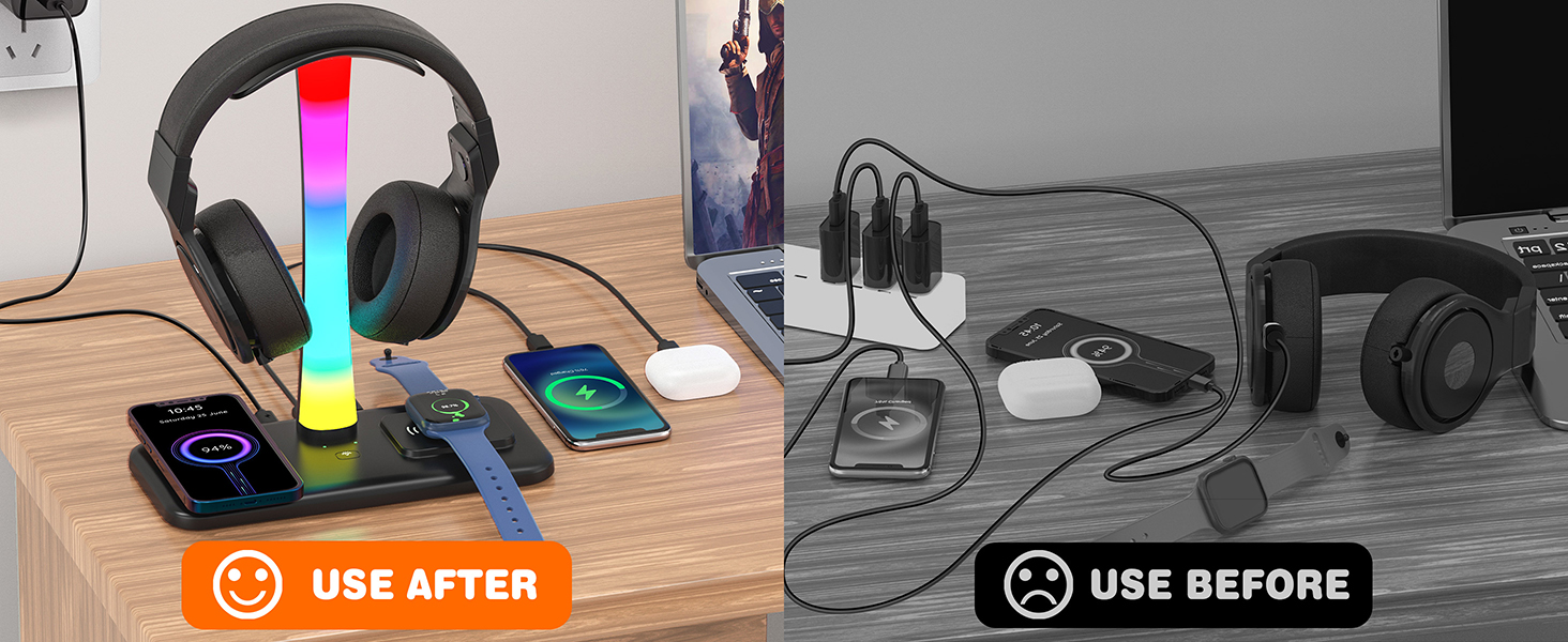 Підставка для навушників Jubor 3 в 1 RGB з бездротовим зарядним пристроєм 15W та 9 режимами підсвічування