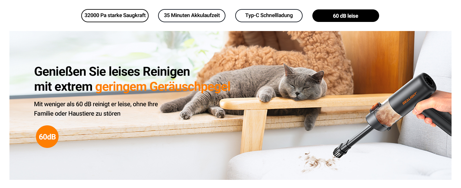 Акумуляторний ручний пилосмик SEALIGHT 32000Па, бездротовий автомобільний міні-пилосос 4-в-1 з безщітковим двигуном для шерсті тварин, авто та дому, темно-сірий матовий чорний