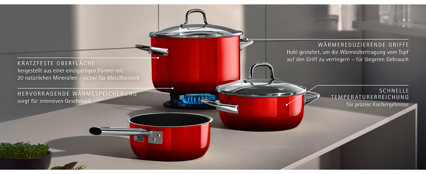 Набір каструль WMF Fusiontec Essential Pro 4 предмети, червоний, індукція, Made in Germany