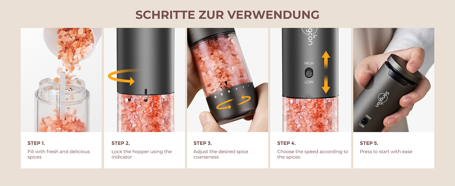 Електричні млини для солі та перцю Sangcon, 2 швидкості, акумуляторні, 6 ступенів помолу, автоматичний набір з базою, для однієї руки (сірий)