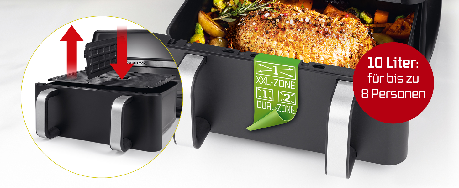 Аерофритюрниця GOURMETmaxx AirGenius 10Л з двома камерами (2x5Л), сенсорним керуванням та 10 програмами приготування, для 8 осіб
