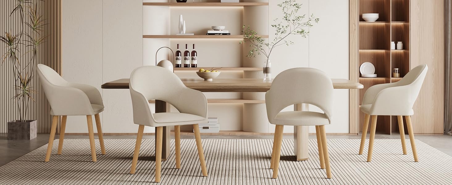 Набір з 4-х оббитих стільців для їдальні з підлокітниками, бежевий колір, дерев'яні ніжки. Підходять для кухні та вітальні.