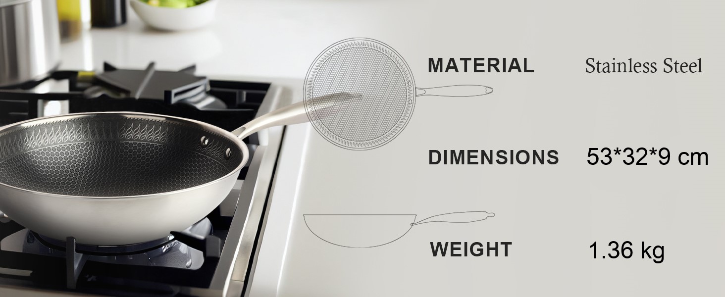 Вок RIOVARM 32 см з нержавіючої сталі з кришкою, антипригарне покриття, плоске дно, індукційні та газові плити, посудомийна машина, духовка, тришарова структура