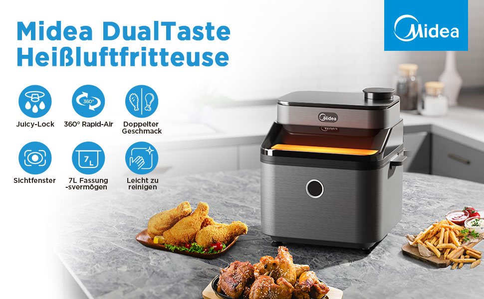 Аерофритюрниця Midea DualTaste 7 л, мультипіч xxl з оглядовим вікном, режими соковитий і хрусткий, 8 програм, випічка, гриль, розморожування, 40-200 C, таймер на 12 годин, деко для хрустких овочів у посудомийній машині, 1650 Вт, MF-CY75AB Інструкція 7 літрів