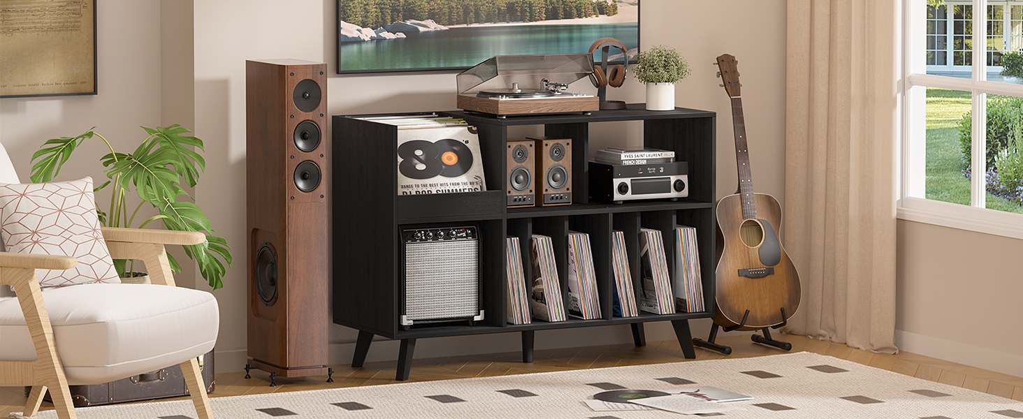 Стійка для платівок з полицями, чорна: місткість до 450 альбомів